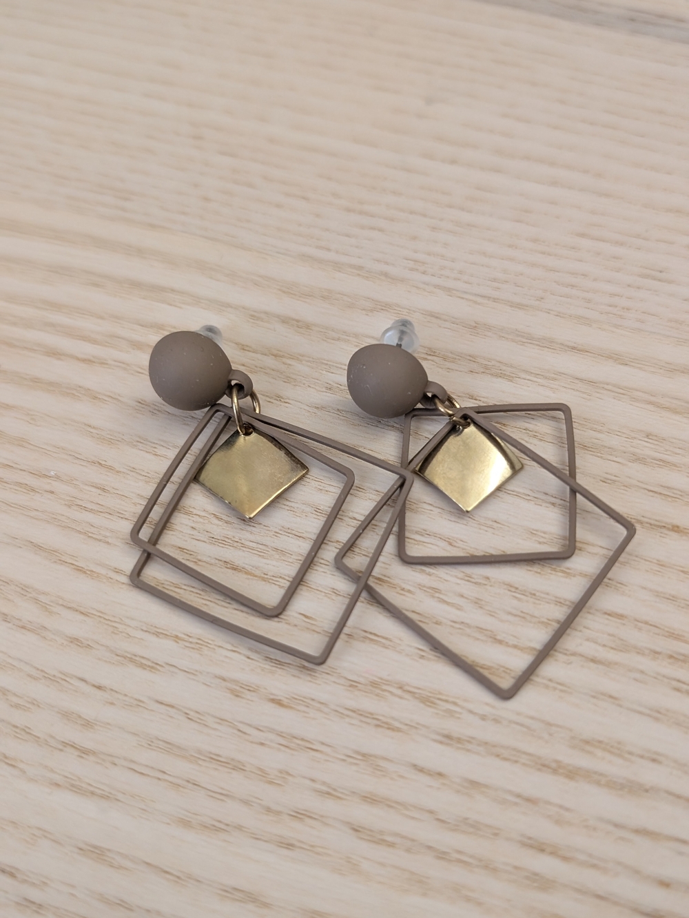 Taupe Geometric Drop Earrings with Gold Accents